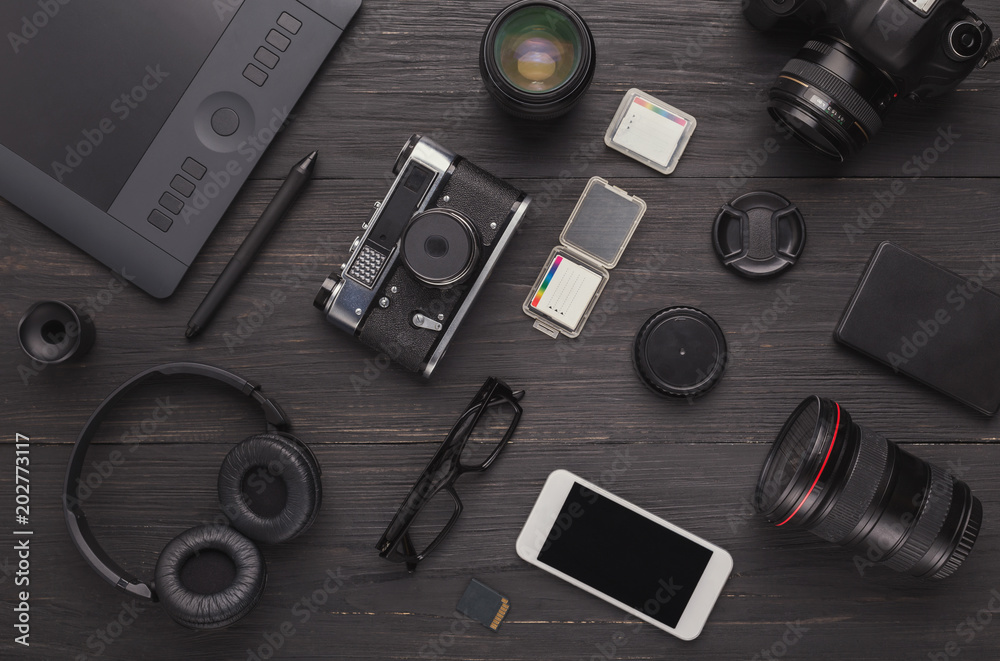 Diverse personal equipment for photographer Diverse personal equipment for photographer