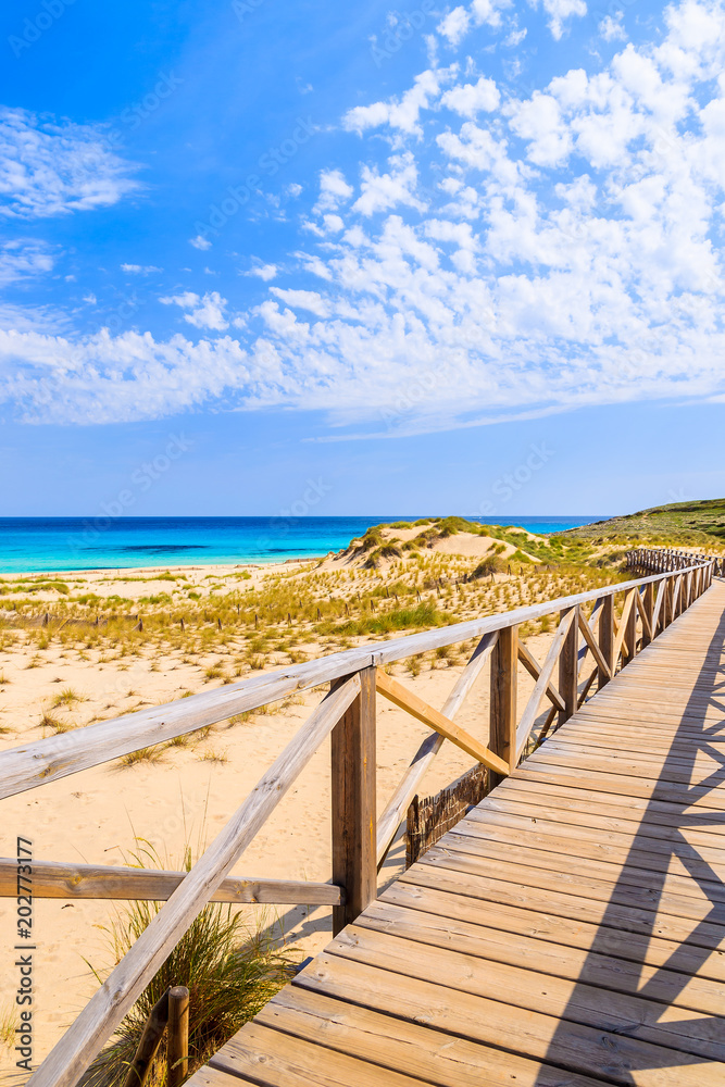 Walkway on sand dunes to Cala Mesquida beach, Majorca island, Spain