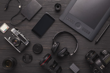 Diverse personal equipment for photographer