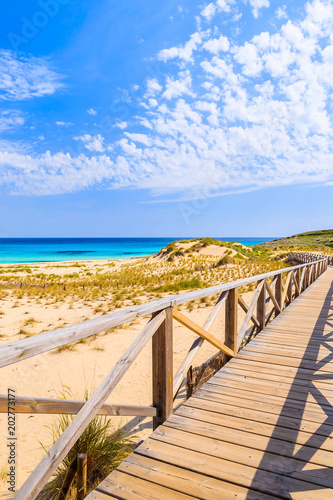 Walkway on sand dunes to Cala Mesquida beach  Majorca island  Spain
