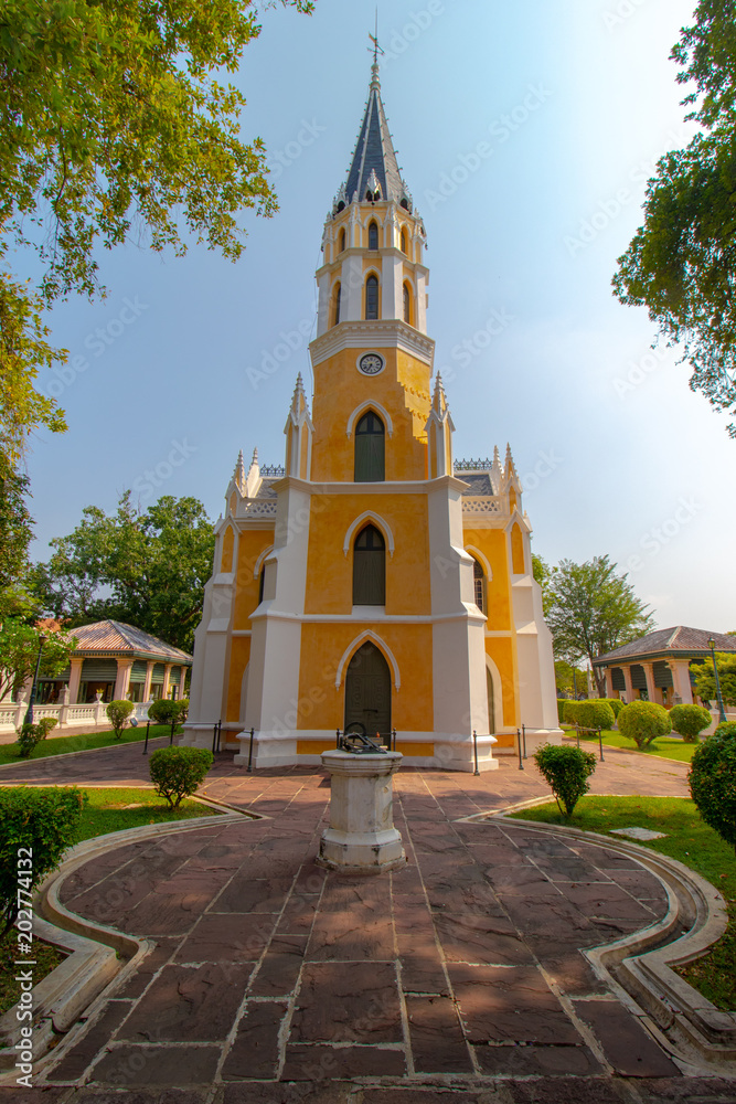 AYOTHAYA, THAILAND -APR 6,2018: Like Christian Church in Wat Niwet Thamma Phat Ratchaworawihan in ayutthaya,Thailand