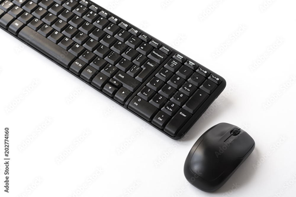Keyboard with computer mouse without wires on white background