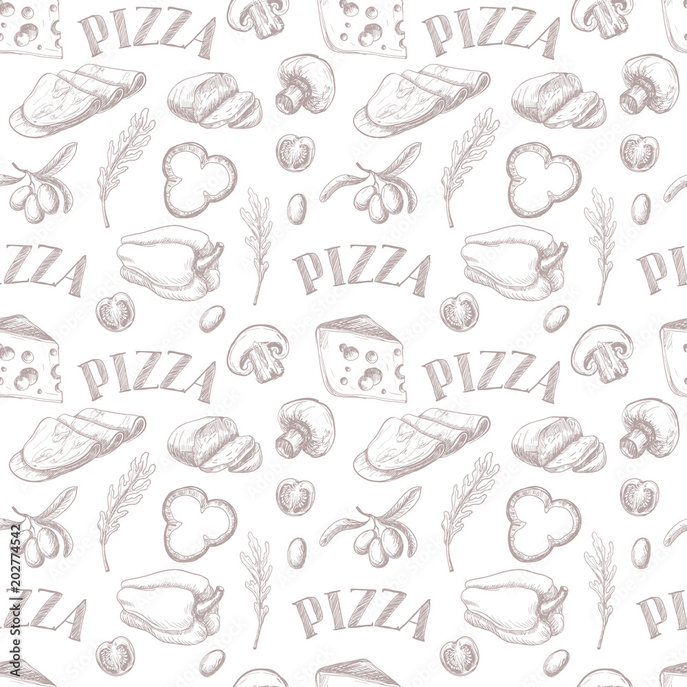 Seamless pattern with Ingredients for pizza such as mozzarella, arugula, ham, cheese, pepper, drawn in a chalky graphic style.