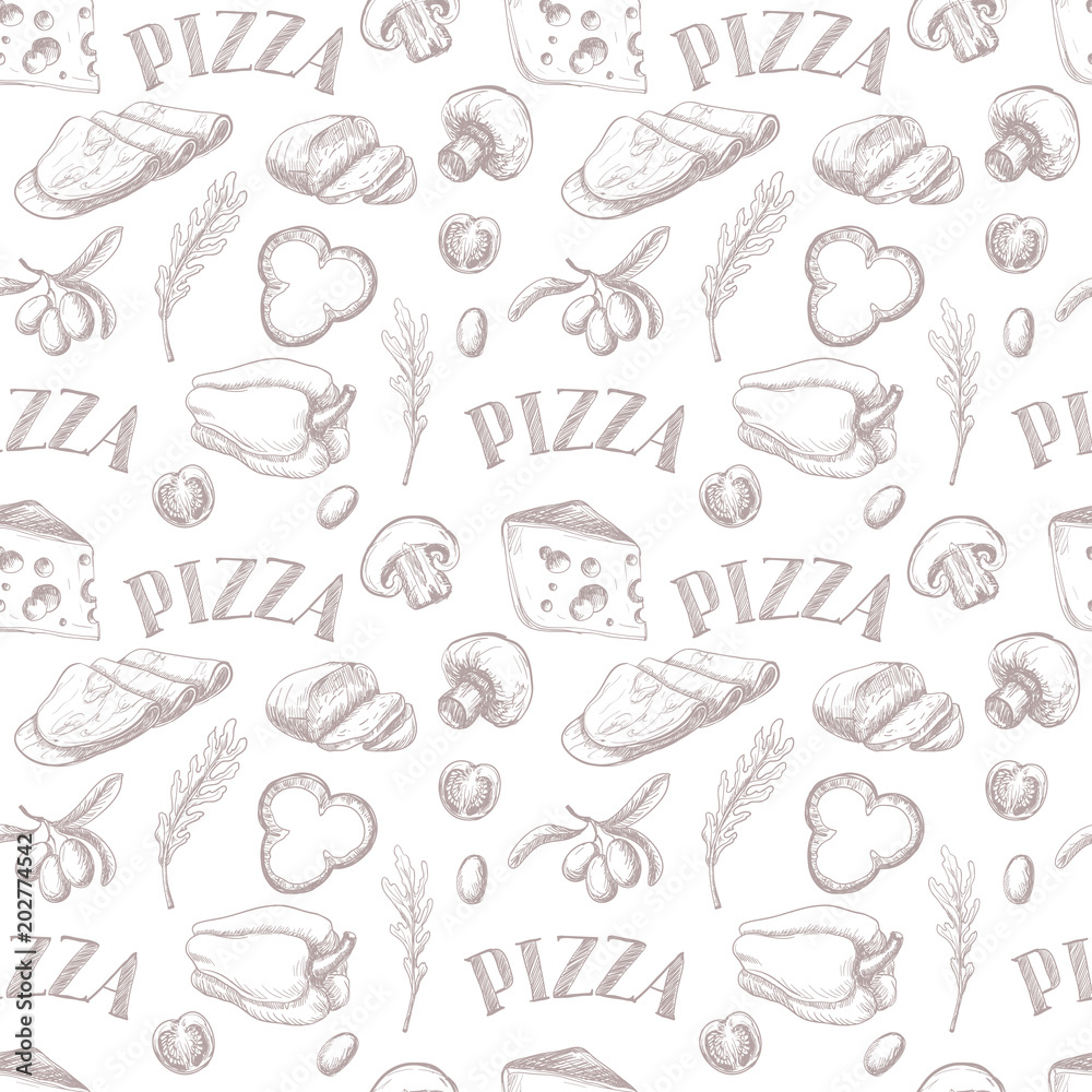 Seamless pattern with Ingredients for pizza such as mozzarella, arugula, ham, cheese, pepper, drawn in a chalky graphic style. Seamless pattern with Ingredients for pizza such as mozzarella, arugula, ham, cheese, pepper, drawn in a chalky graphic style.