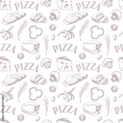 Seamless pattern with Ingredients for pizza such as mozzarella  arugula  ham  cheese  pepper  drawn in a chalky graphic style.