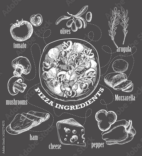A banner with pizza ingredients such as olives, tomato, cheese, pepper, drawn in chalk graphics. Pattern of pizza composition, 