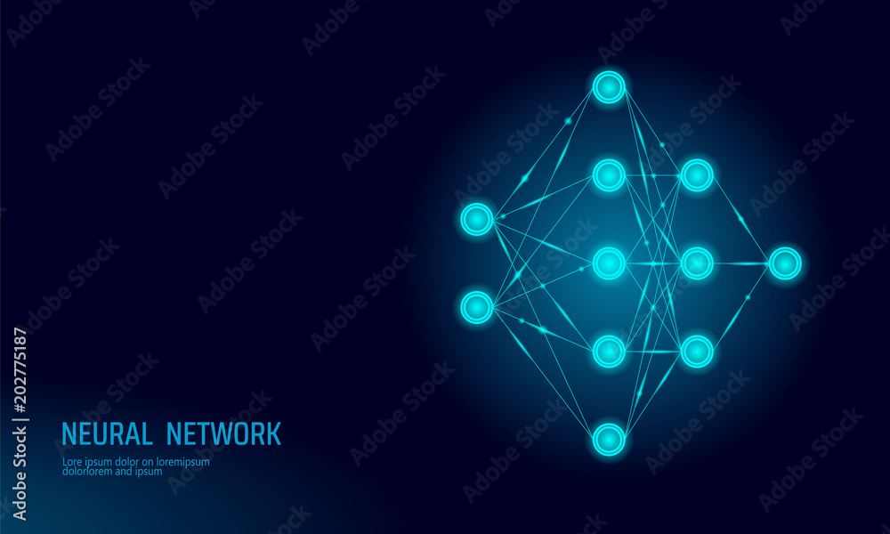 Neural net. Neuron network. Deep learning. Cognitive technology concept.  Logical artificial intelligence memory processor mathematics.Blue neon  color glowing vector illustration Stock Vector | Adobe Stock