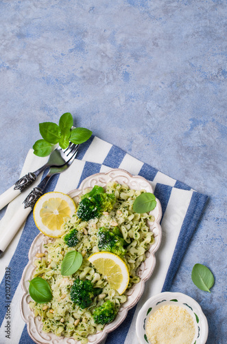 Traditional pasta tripoline with pesto photo