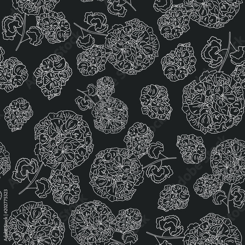 Hand drawn vector illustration seamless pattern white geranium on the black background