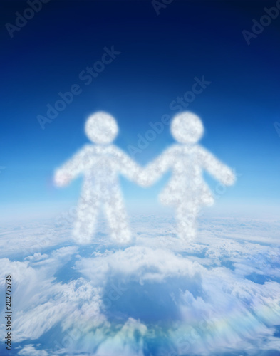 Cloud in shape of couple against blue sky over clouds at high altitude