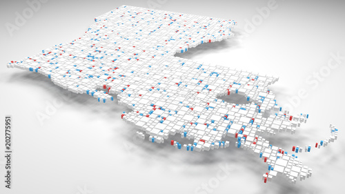 3D Map of Louisiana - USA | 3d Rendering, mosaic of little bricks - White and flag colors. A number of 3684 little boxes are accurately inserted into the mosaic