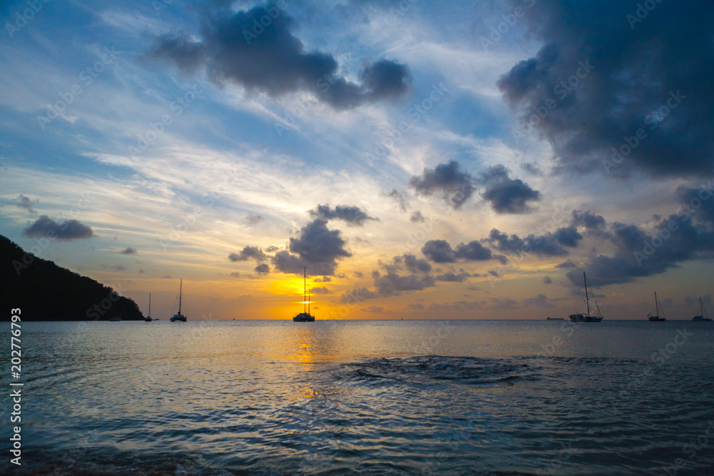 A View of Sail Boats at Sunset, St. Lucia