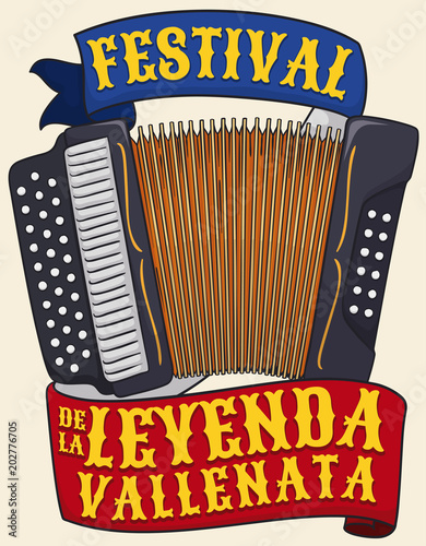 Accordion with Commemorative Ribbons for Vallenato Legend Festival, Vector Illustration