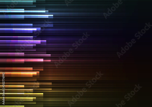 rainbow frequency bar overlap in dark background, stripe layer backdrop, technology template, vector illustration