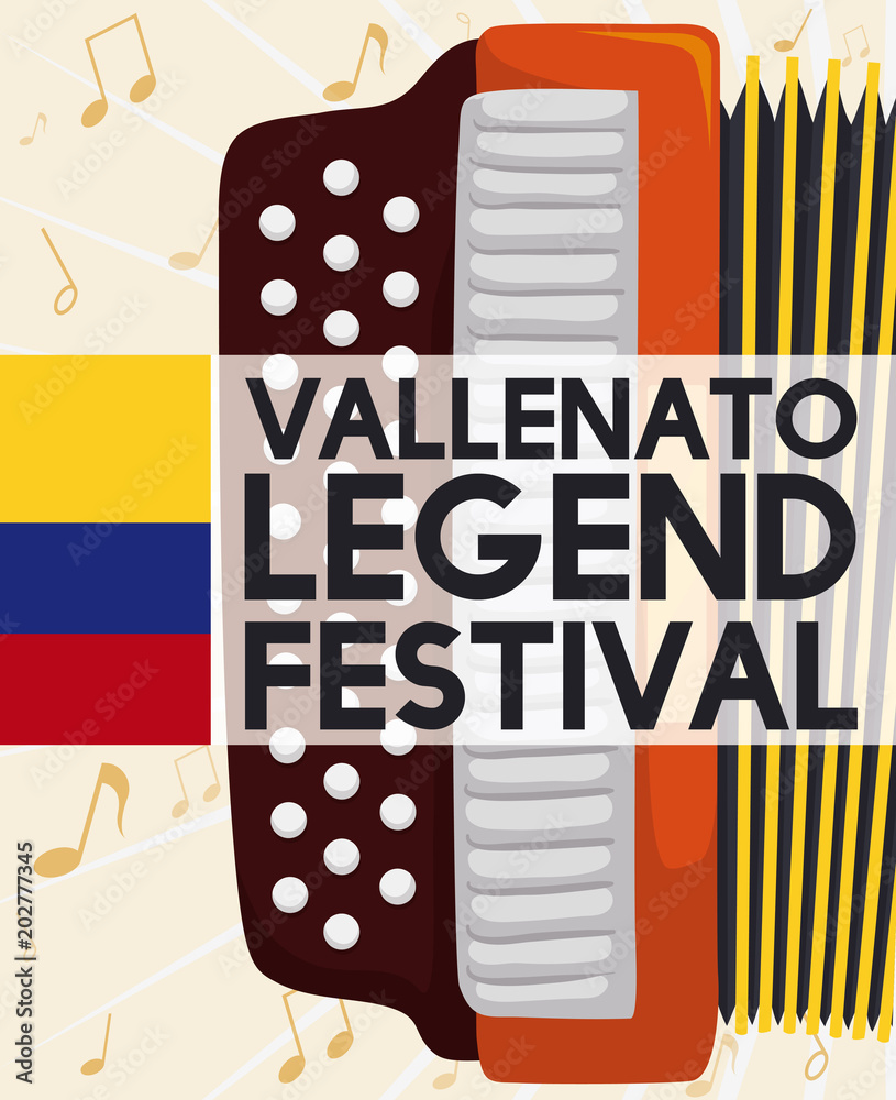 Φωτογραφία Accordion, Music Notes, and Colombian Flag for Vallenato Legend Festival, Vector