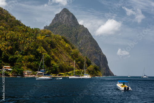 A View of Petit Piton and Boats in a Harbor, in St. Lucia