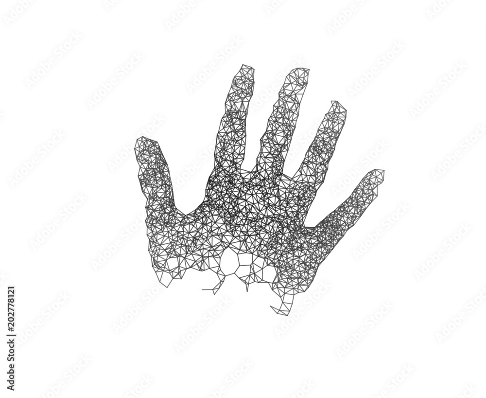 Hand palm line connect generative shape. Concept of technology innovation, future trend, artificial intelligence, network, security, hacking, IoT Hand palm line connect generative shape. Concept of technology innovation, future trend, artificial intelligence, network, security, hacking, IoT