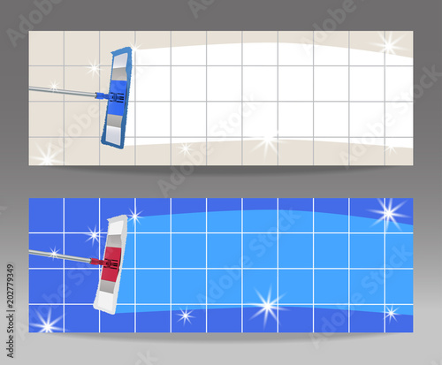 Set banners mop cleaning clean tile floor shiny. Vector illustration.