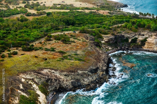 Aerial View of Hills, Valleys and a Rocky Caribbean Beach, in St. Lucia