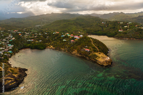 Aerial View of a Village, Bay and Hills, in St Lucia