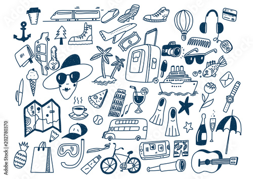 Hand draw doodle travel symbols Tourism and traveling