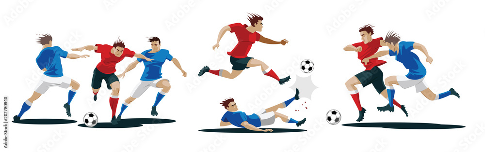 Players are fighting for the ball. Set of Soccer players.