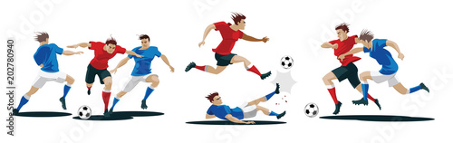 Players are fighting for the ball. Set of Soccer players.