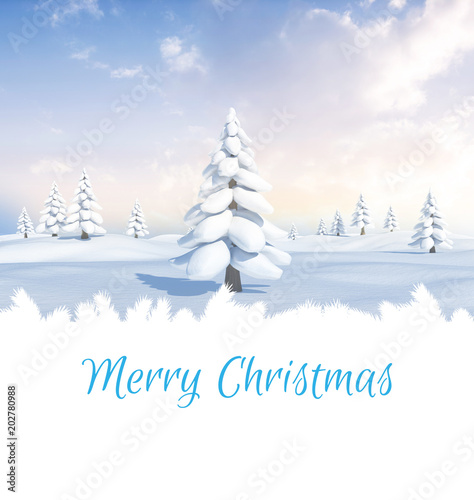 Merry Christmas against snowy landscape with fir trees