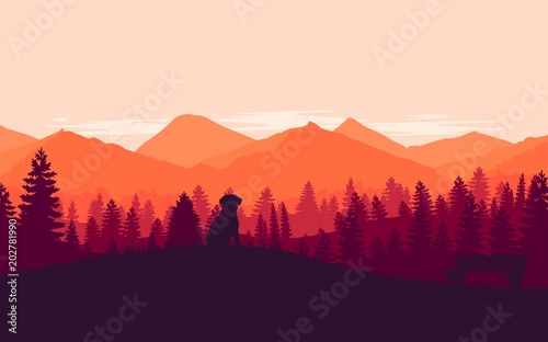 Mountains landscape. Dog sitting on a grass in the mountains. Vector 