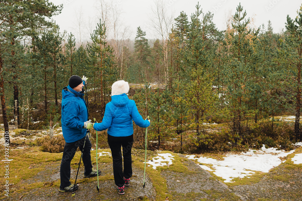 Two women with nordic sticks stop in the forest