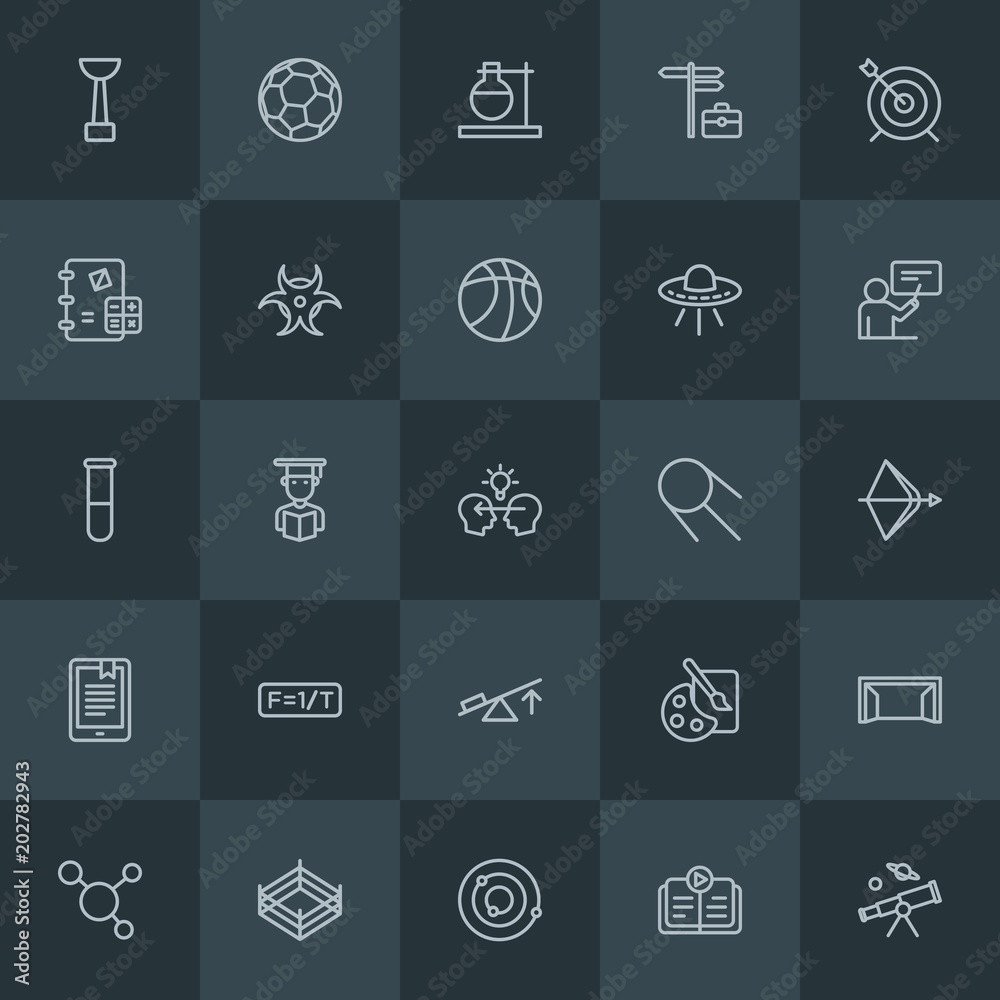 Modern Simple Set of science, sports, education Vector outline Icons. Contains such Icons as  award, space,  solar, art,  championship, ring and more on dark background. Fully Editable. Pixel Perfect.