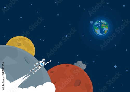 robot humanoid flying in outer space  to planet