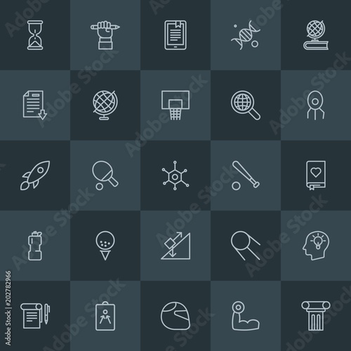 Modern Simple Set of science, sports, education Vector outline Icons. Contains such Icons as cosmos, ancient, ball, tennis, motorcycle and more on dark background. Fully Editable. Pixel Perfect.