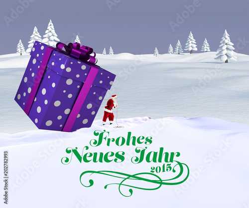 Santa delivering large gift against snowy landscape with fir trees © vectorfusionart