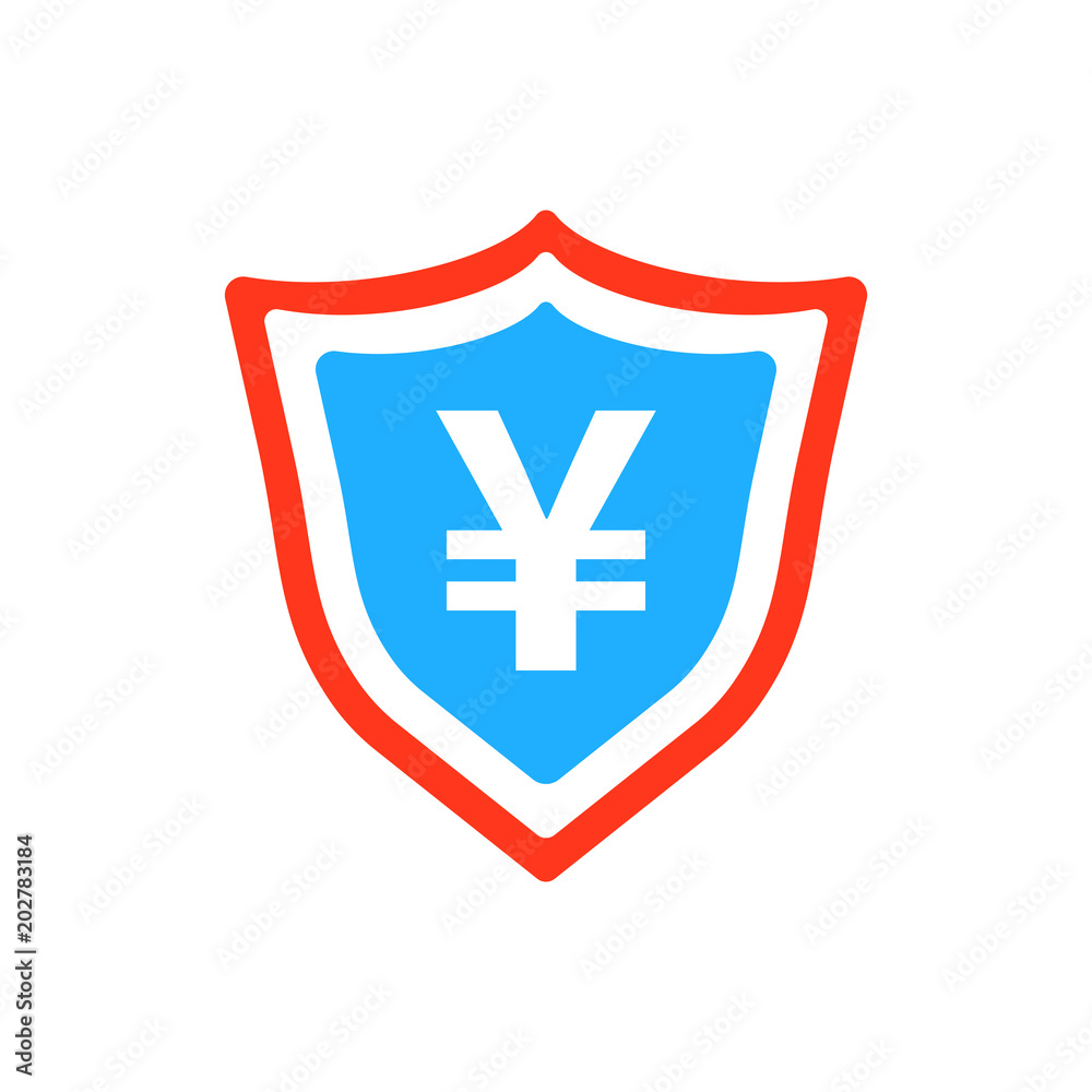 Obraz premium Yen, yuan shield money currency vector icon in flat style. Yen coin protection symbol illustration on white isolated background. Asia money business concept.