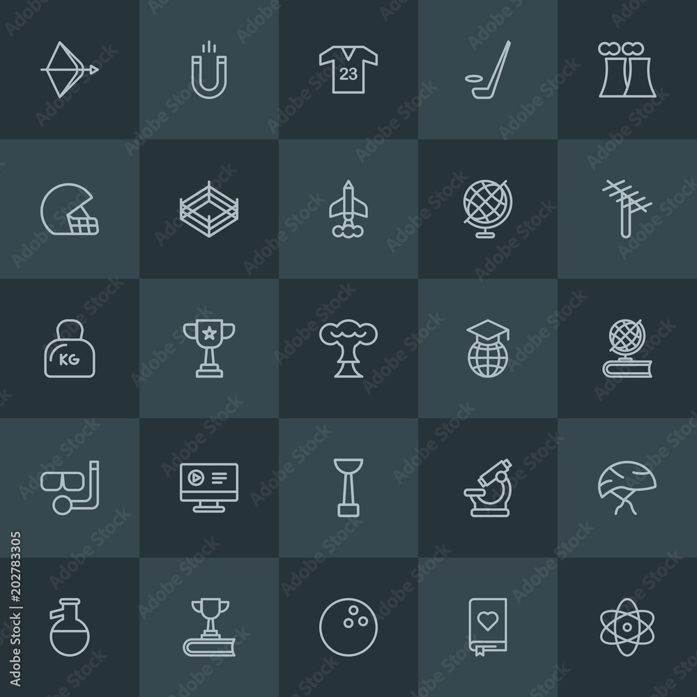 Modern Simple Set of science, sports, education Vector outline Icons. Contains such Icons as  experiment, physics,  t-shirt, ball,  woman and more on dark background. Fully Editable. Pixel Perfect.