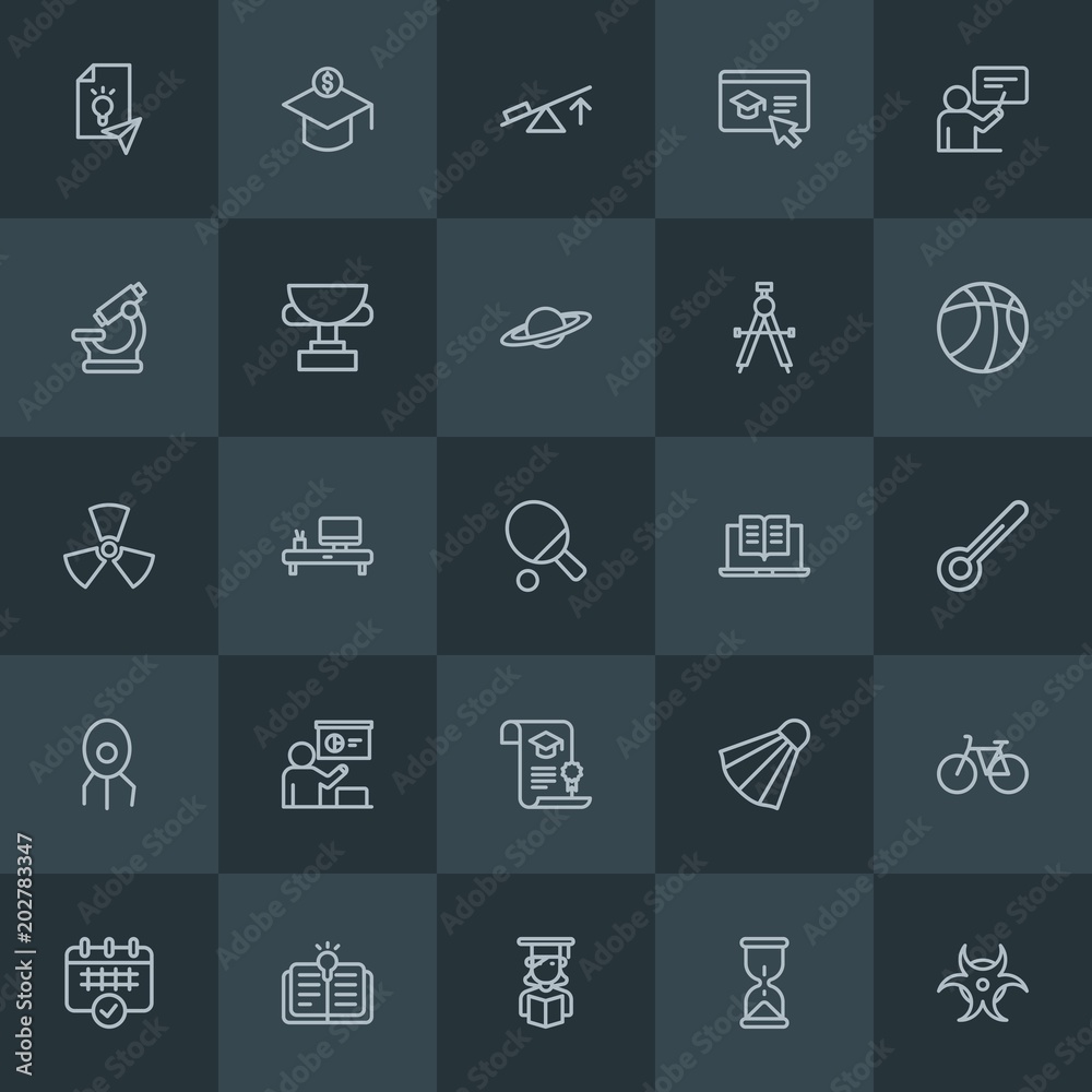 Modern Simple Set of science, sports, education Vector outline Icons. Contains such Icons as  ball,  beautiful,  study,  virtual,  bicycle and more on dark background. Fully Editable. Pixel Perfect.