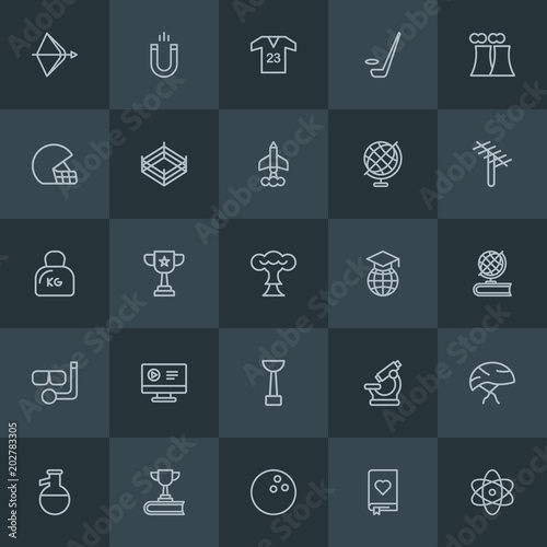 Modern Simple Set of science, sports, education Vector outline Icons. Contains such Icons as experiment, physics, t-shirt, ball, woman and more on dark background. Fully Editable. Pixel Perfect.