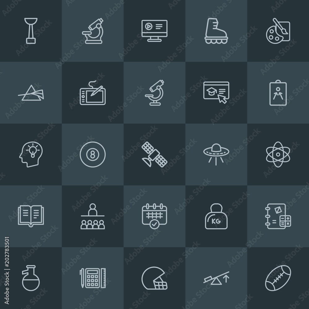 Modern Simple Set of science, sports, education Vector outline Icons. Contains such Icons as  knowledge,  scientific,  leisure, science and more on dark background. Fully Editable. Pixel Perfect.