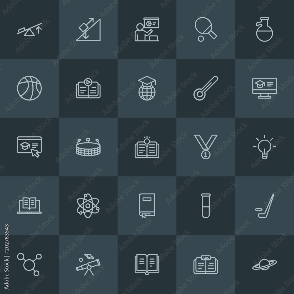 Modern Simple Set of science, sports, education Vector outline Icons. Contains such Icons as  learn,  physics,  stadium,  competition, ice and more on dark background. Fully Editable. Pixel Perfect.