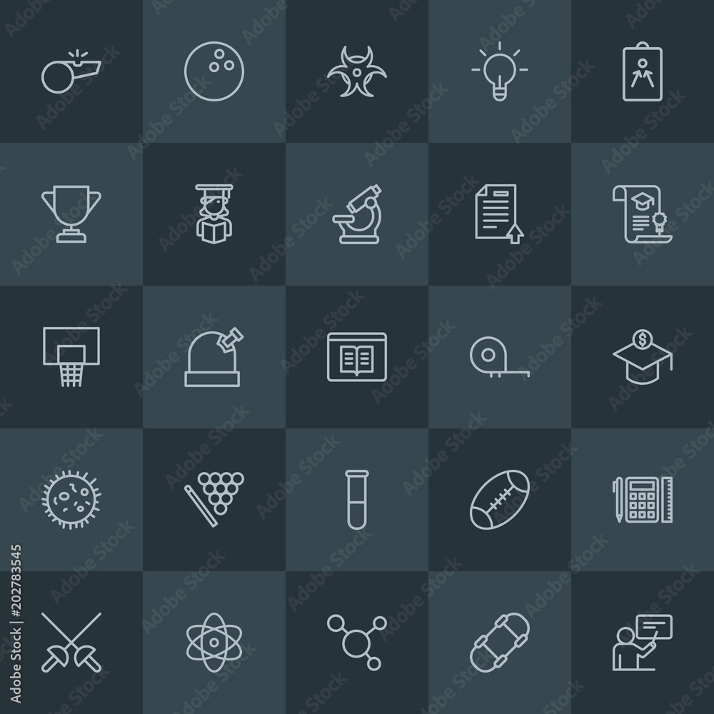 Modern Simple Set of science, sports, education Vector outline Icons. Contains such Icons as game, board, biology, radiation, hazard and more on dark background. Fully Editable. Pixel Perfect. Modern Simple Set of science, sports, education Vector outline Icons. Contains such Icons as game, board, biology, radiation, hazard and more on dark background. Fully Editable. Pixel Perfect.