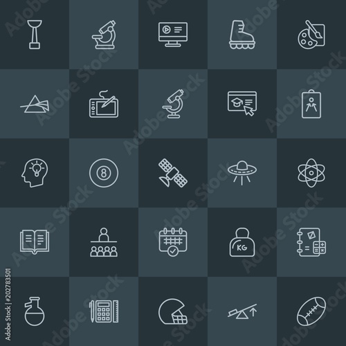 Modern Simple Set of science, sports, education Vector outline Icons. Contains such Icons as knowledge, scientific, leisure, science and more on dark background. Fully Editable. Pixel Perfect.