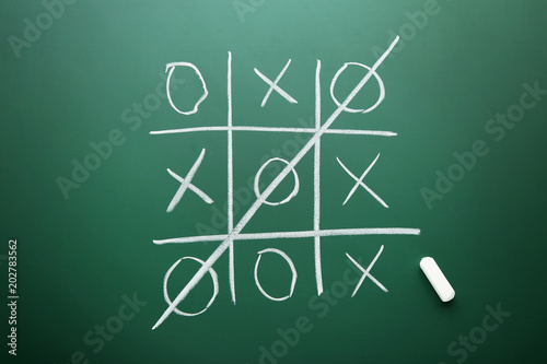 Tic tac toe game drawn by chalk on green school blackboard