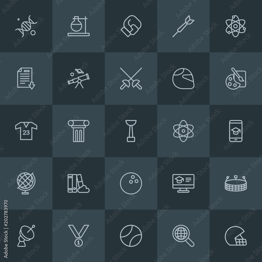 Modern Simple Set of science, sports, education Vector outline Icons. Contains such Icons as award, stadium,  flask,  shirt, history,  game and more on dark background. Fully Editable. Pixel Perfect.