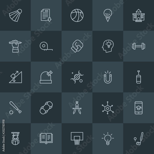 Modern Simple Set of science, sports, education Vector outline Icons. Contains such Icons as laboratory, sky, library, education, lab and more on dark background. Fully Editable. Pixel Perfect.