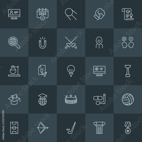 Modern Simple Set of science, sports, education Vector outline Icons. Contains such Icons as  people, ice,  arrow,  sport,  education,  sign and more on dark background. Fully Editable. Pixel Perfect.