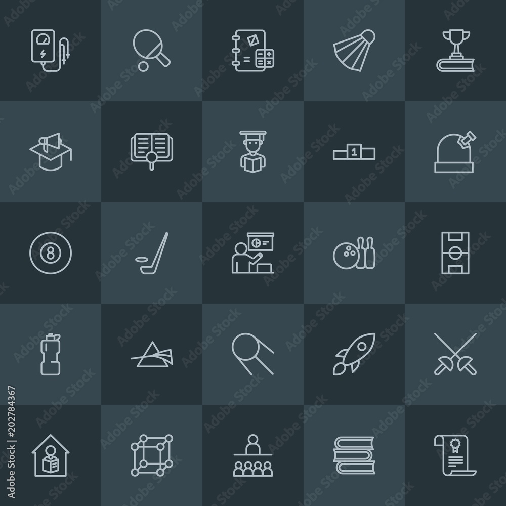 Modern Simple Set of science, sports, education Vector outline Icons. Contains such Icons as blade, rocket, education, space, algebra, ice and more on dark background. Fully Editable. Pixel Perfect. Modern Simple Set of science, sports, education Vector outline Icons. Contains such Icons as blade, rocket, education, space, algebra, ice and more on dark background. Fully Editable. Pixel Perfect.