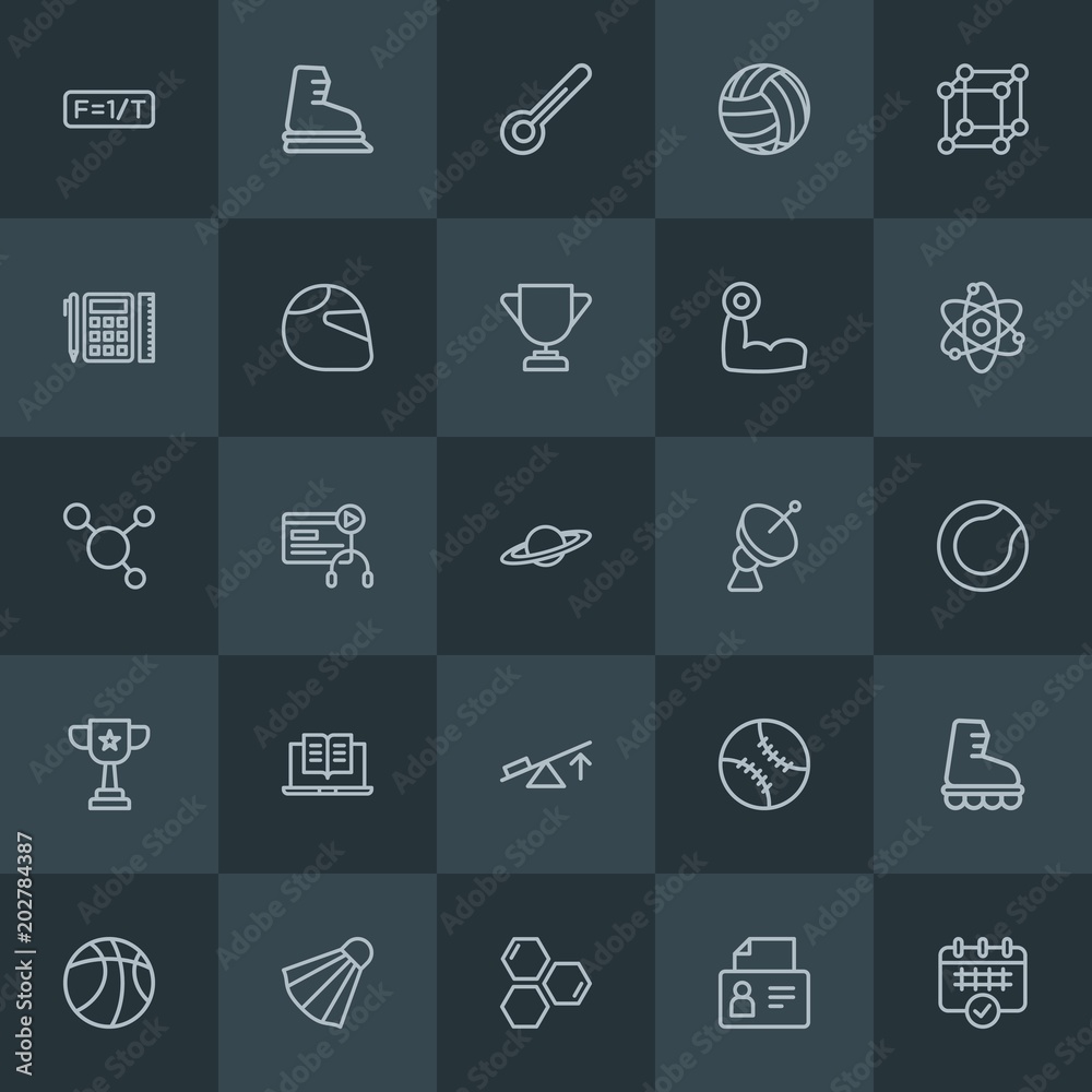 Modern Simple Set of science, sports, education Vector outline Icons. Contains such Icons as  timetable,  scale,  research,  user,  online and more on dark background. Fully Editable. Pixel Perfect.