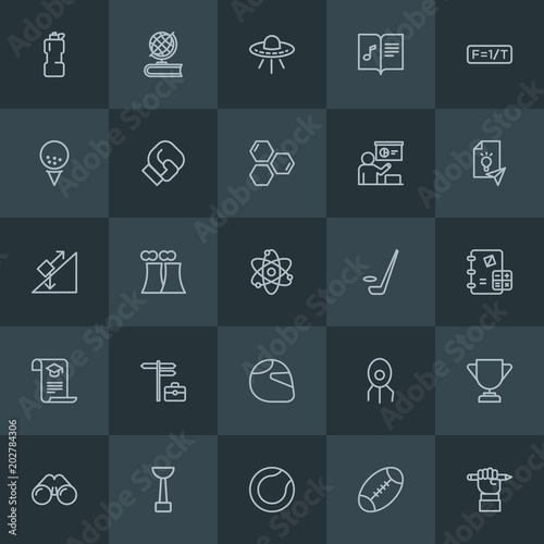 Modern Simple Set of science, sports, education Vector outline Icons. Contains such Icons as view, earth, virus, electricity, baseball and more on dark background. Fully Editable. Pixel Perfect.