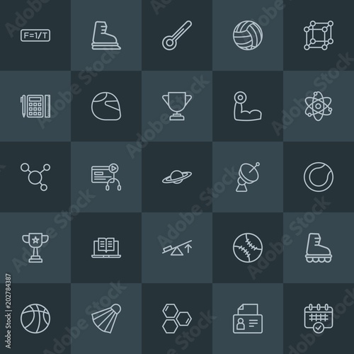 Modern Simple Set of science, sports, education Vector outline Icons. Contains such Icons as timetable, scale, research, user, online and more on dark background. Fully Editable. Pixel Perfect.
